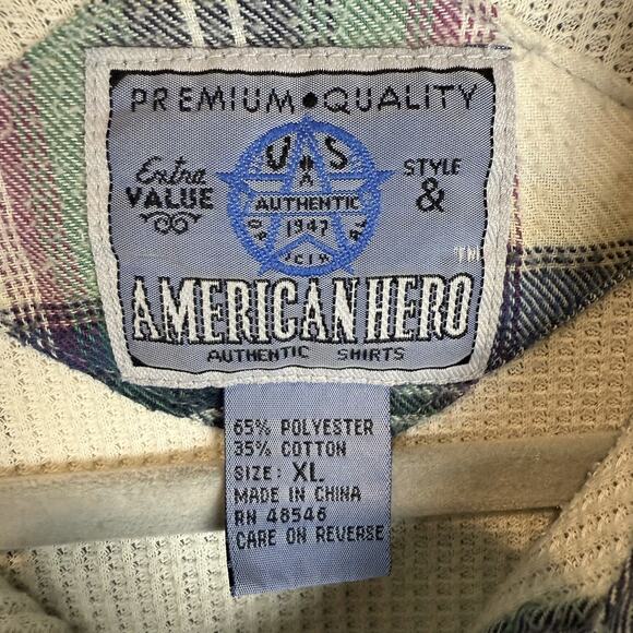 American Hero Plaid Thermal Knit Shirt Men's XL Blue Lined Button-Up - Picture 7 of 13